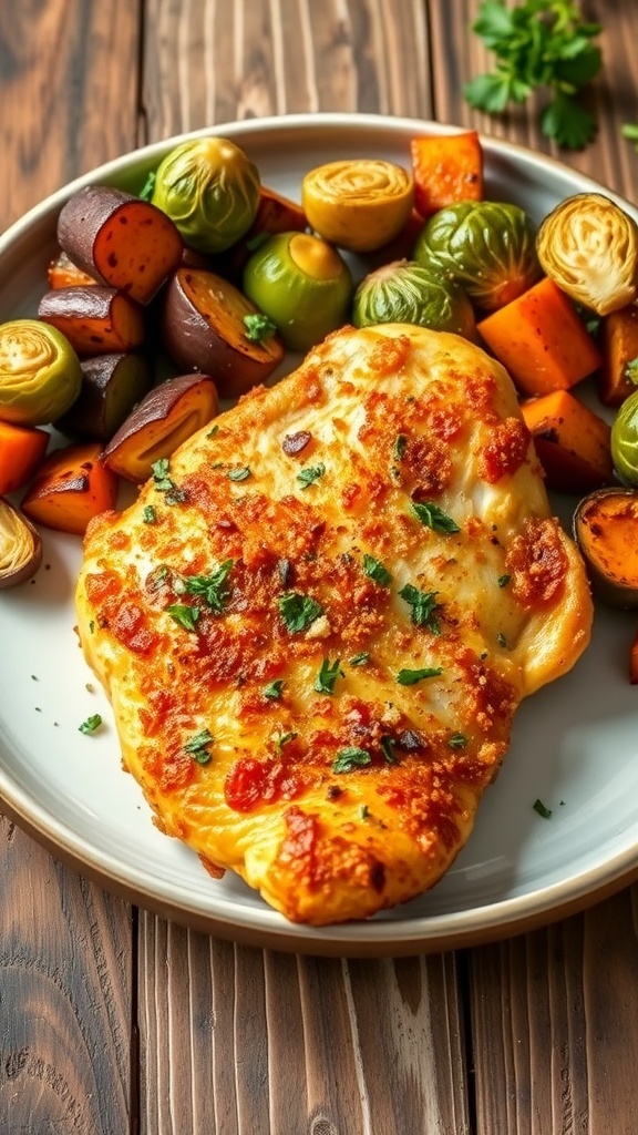 Air-fried chicken with roasted vegetables on a plate, garnished with herbs.